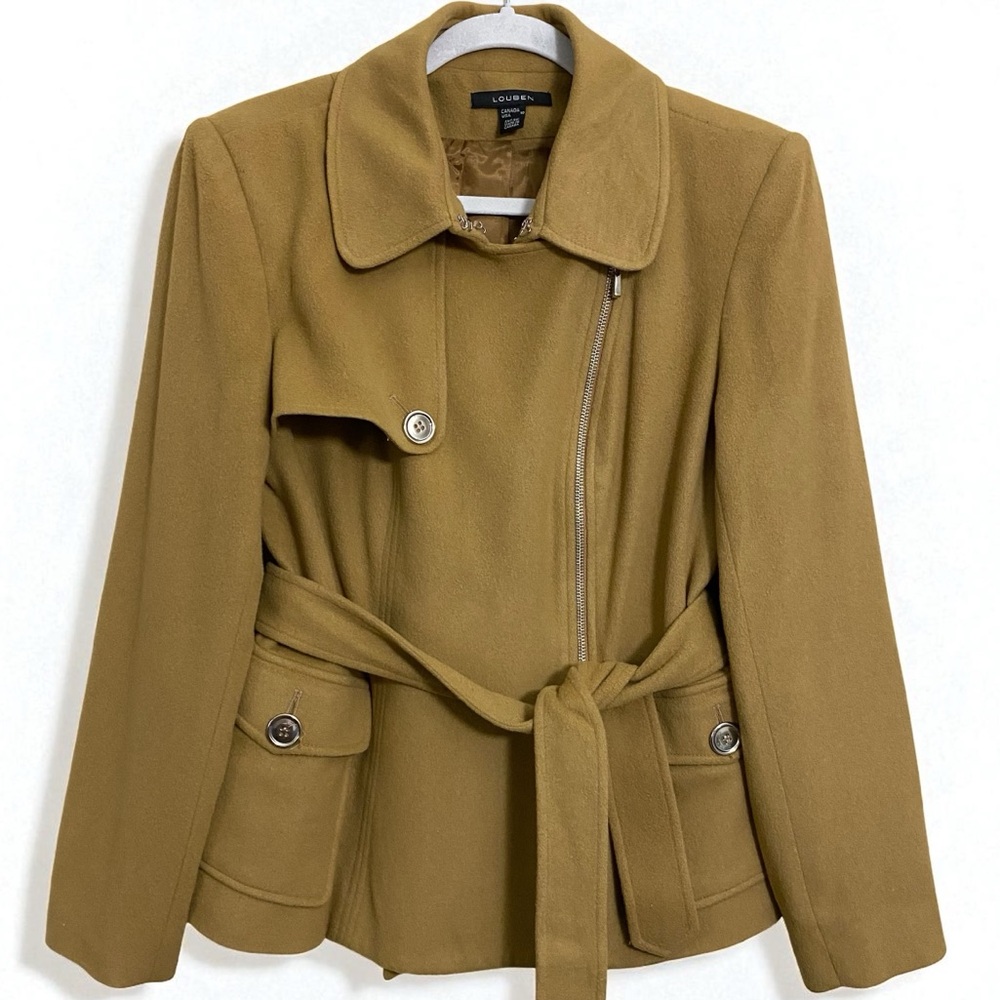 Louben Canada Cashmere & Wool Blend Soft Caramel Zip Up Belted Jacket Size‎ 10